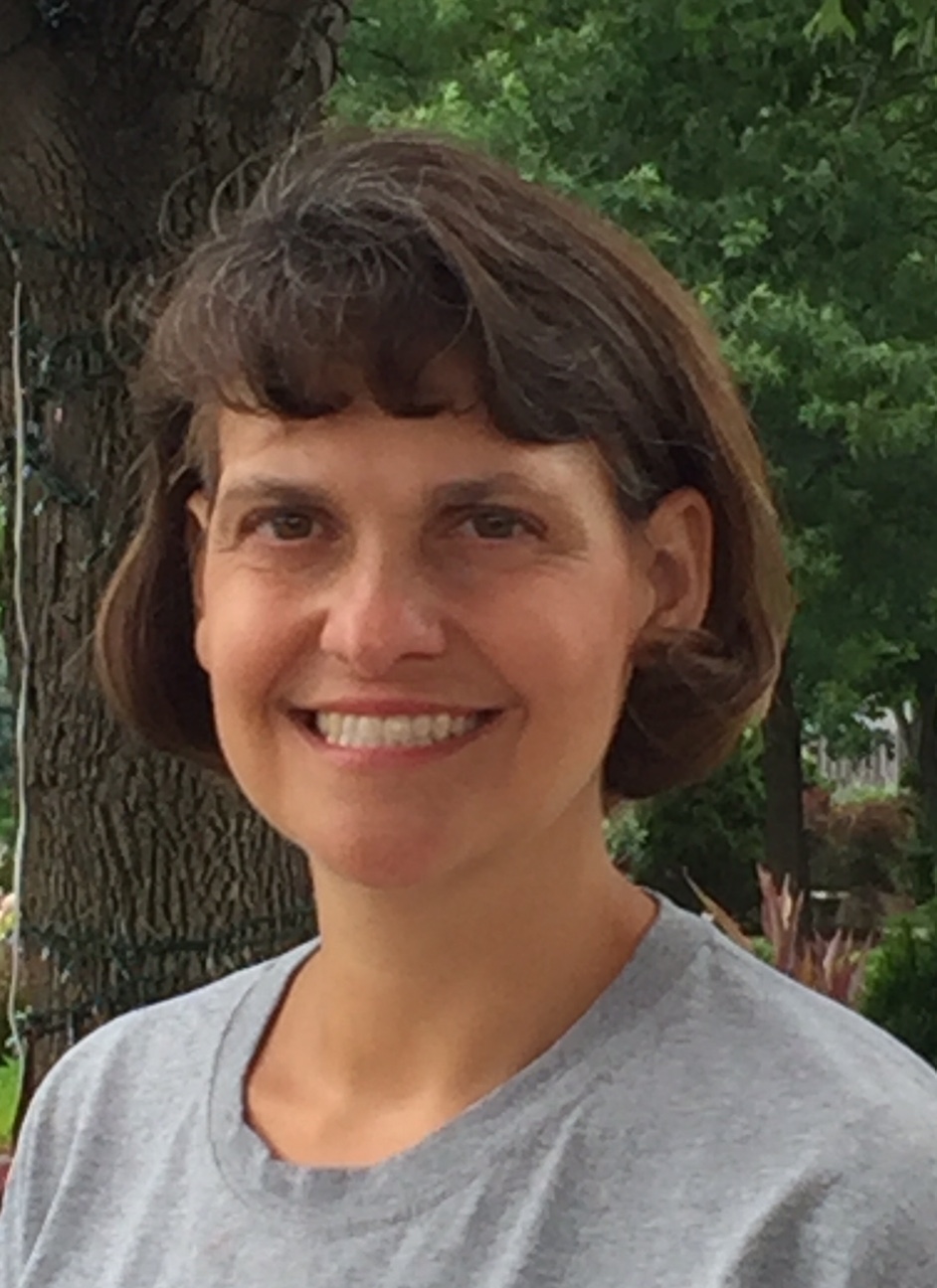 A woman with brown hair and wearing a gray shirt.